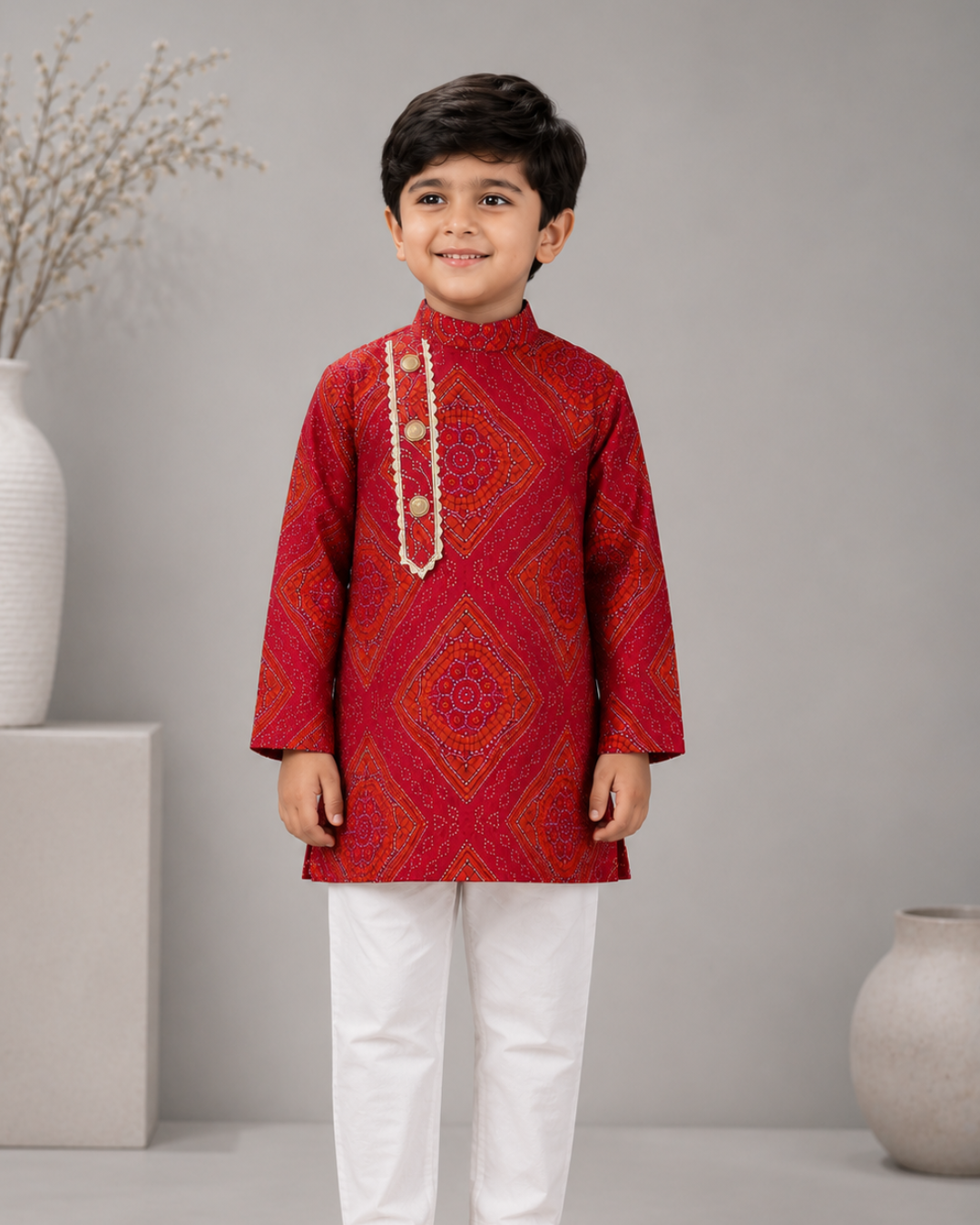 Boys Red Ethnic Kurta Set with White Pajama | Festive Wear