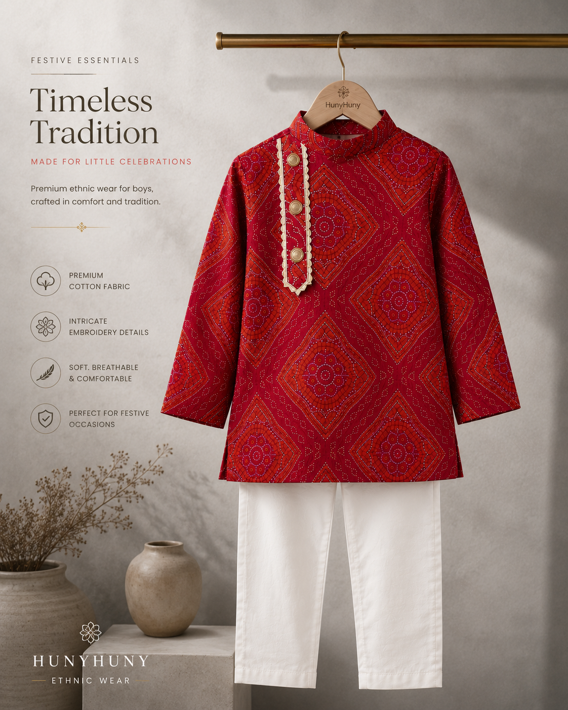 Boys Red Ethnic Kurta Set with White Pajama | Festive Wear